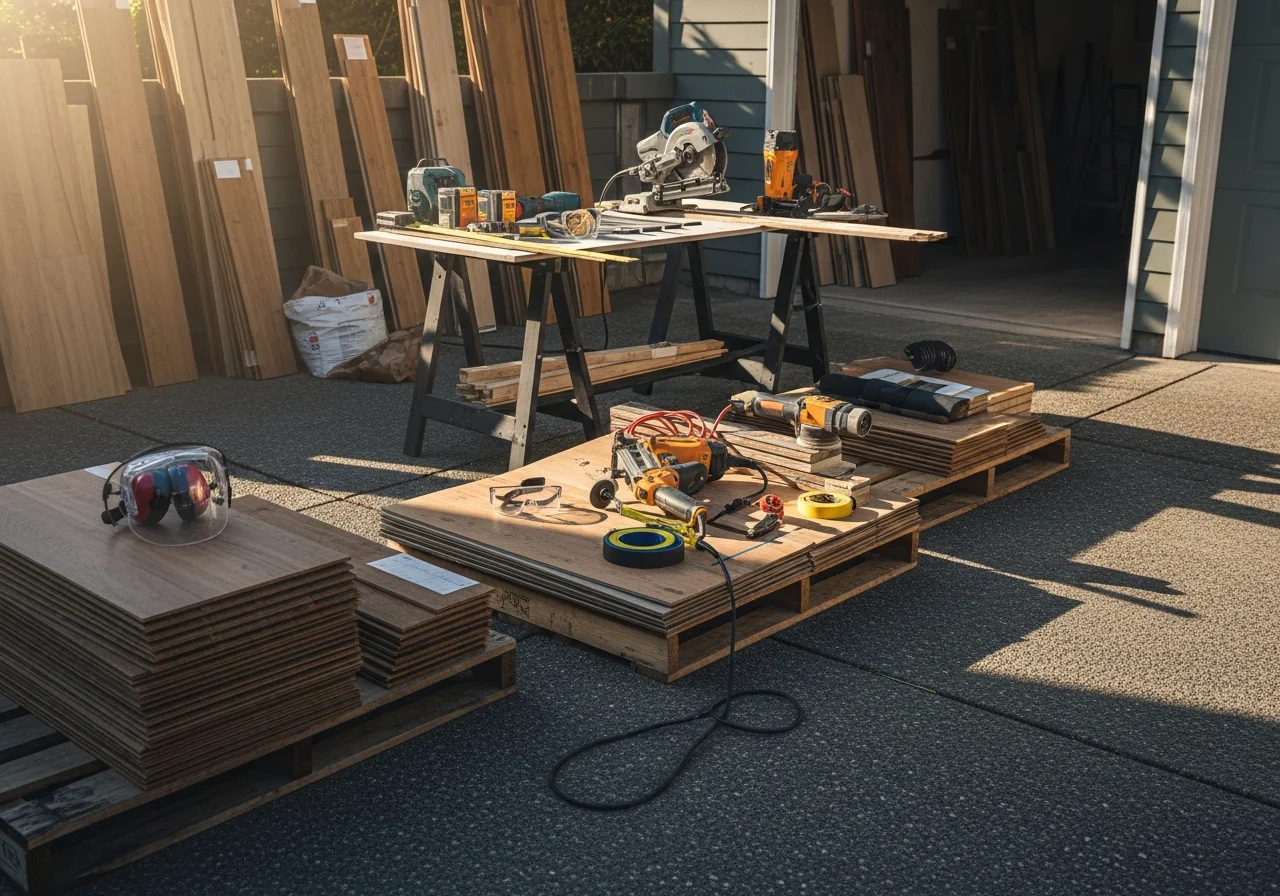 Construction crew with flooring tools and materials on a residential job site, ready for installation work.
