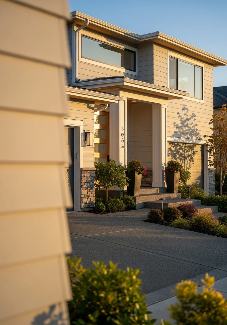 Detail of high-end home exterior in Bellevue showing premium finishes and professional landscaping.