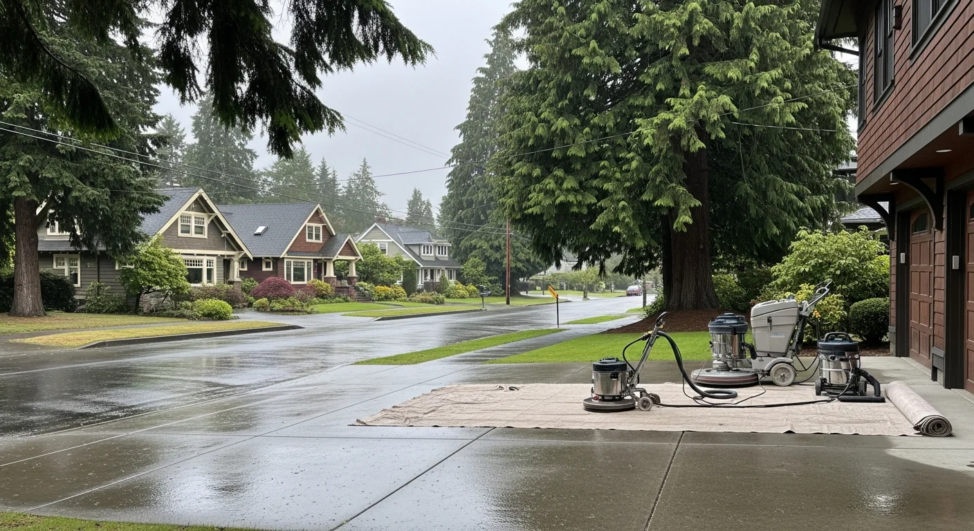 Residential street in Seattle neighborhood with mature trees, craftsman-style homes, and wet pavement reflecting overcast sky.