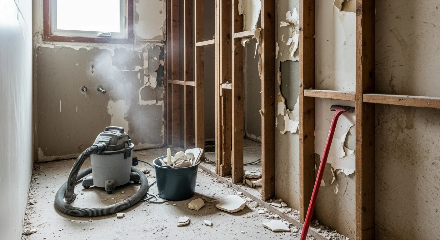 A Seattle bathroom stripped down to wall studs and subfloor after a full demolition tearout, with all tile, fixtures, and drywall removed. The cleared space shows exposed framing typical of older Seattle residential construction.