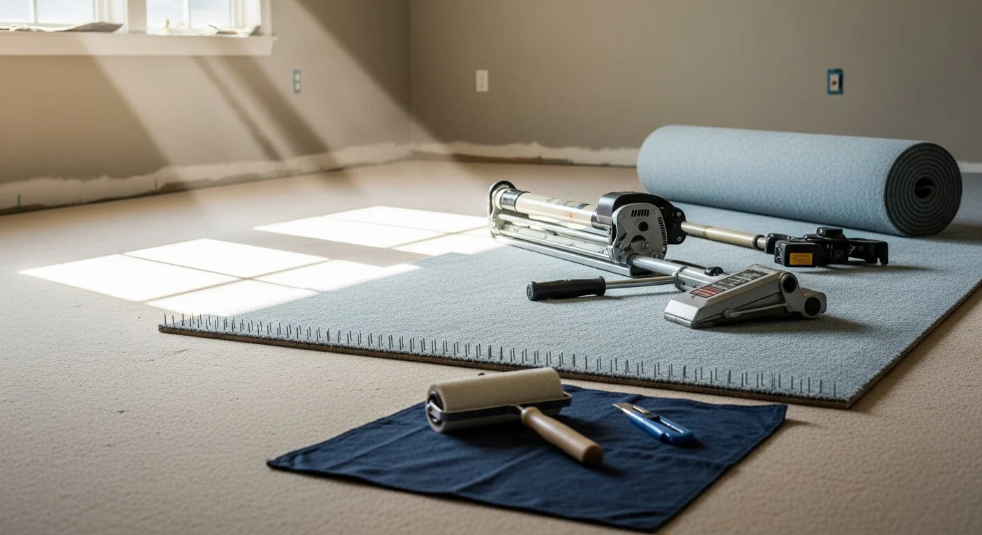 Freshly installed wall-to-wall carpet in a Seattle home bedroom, showing smooth seams and clean edges along the baseboards. A professional installer presses the carpet edge into the tack strip along the room perimeter.