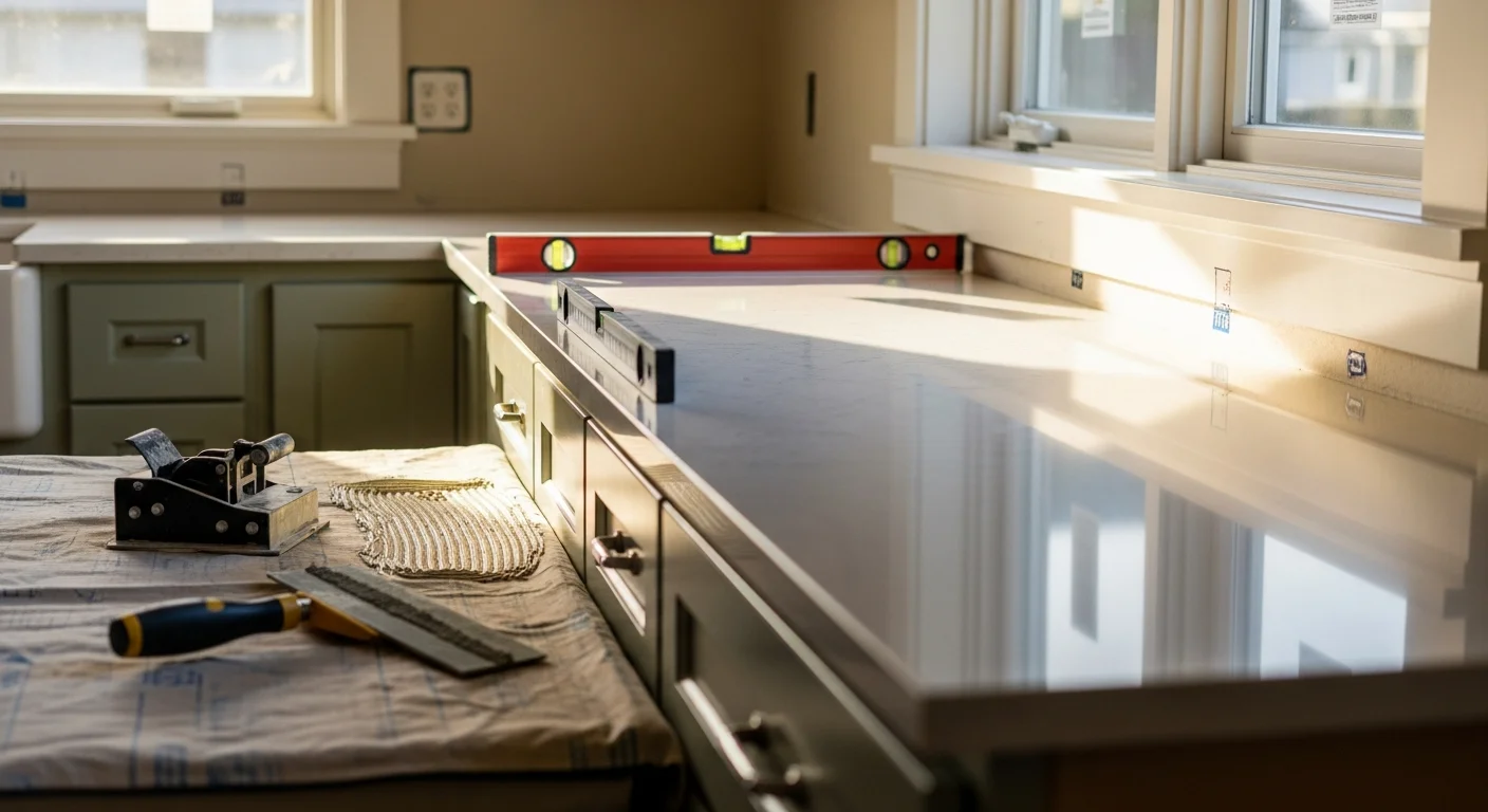 Newly installed stone countertop on kitchen cabinets inside a Seattle home, with a sink cutout and finished edges visible. The kitchen shows a mix of modern fixtures and older architectural details typical of Seattle residential remodels.
