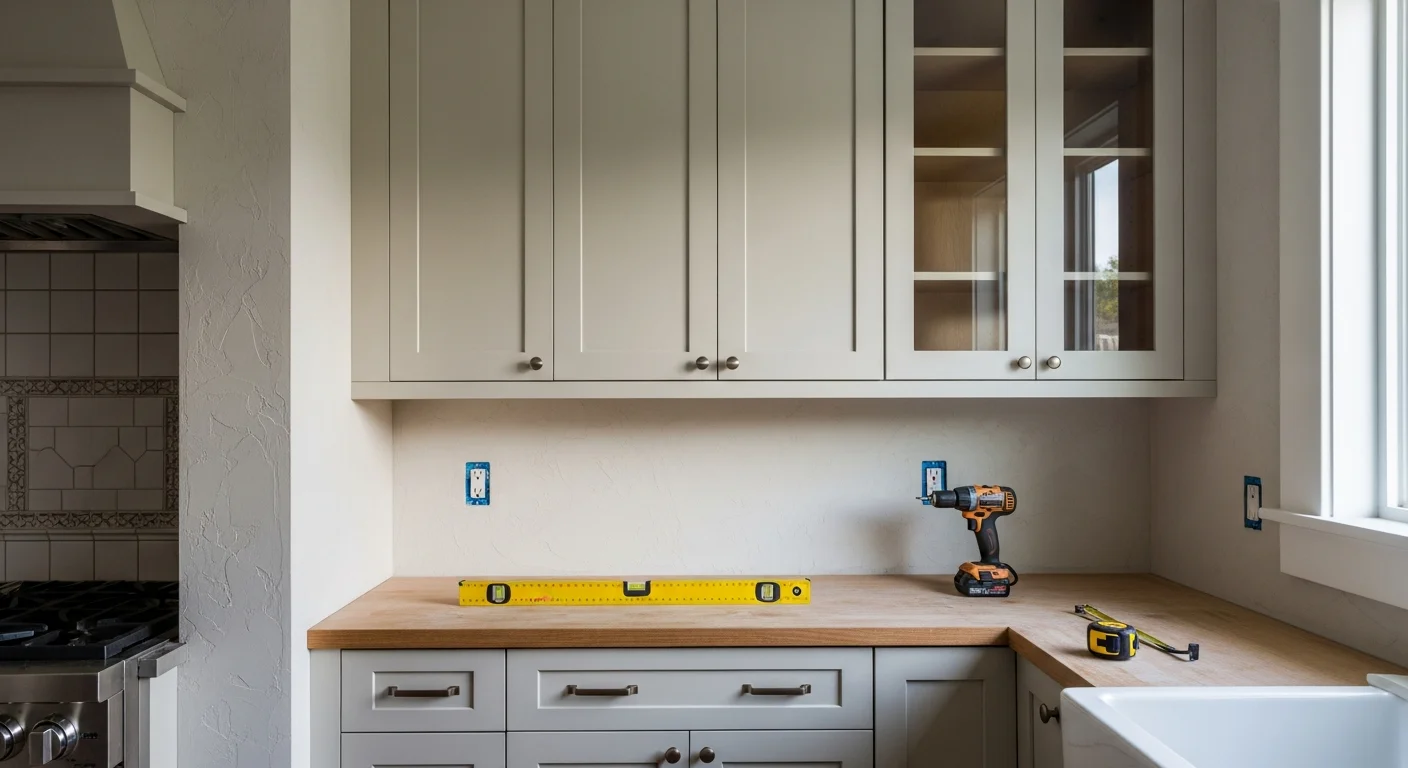 Newly installed custom wood cabinets lining the walls of a Seattle kitchen with a compact layout and natural light from a side window. Floor-to-ceiling cabinet runs with uniform hardware and a built-in pantry column show the finished result of a full custom cabinet installation by Atlas Contracting LLC.