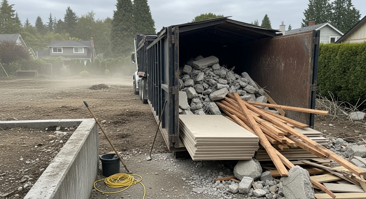 A cleared Seattle demolition site with concrete and wood debris loaded into a haul truck by an Atlas Contracting LLC crew. The lot is clean and ready for the next construction phase.