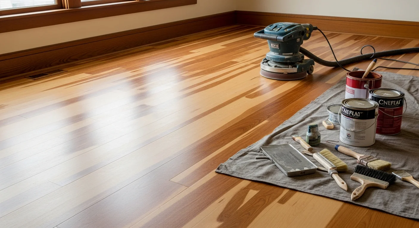 Restored hardwood floor in a Seattle home showing a smooth, evenly finished wood surface free of scratches and water stains. The floor runs through a living area typical of a Pacific Northwest Craftsman-style residence.