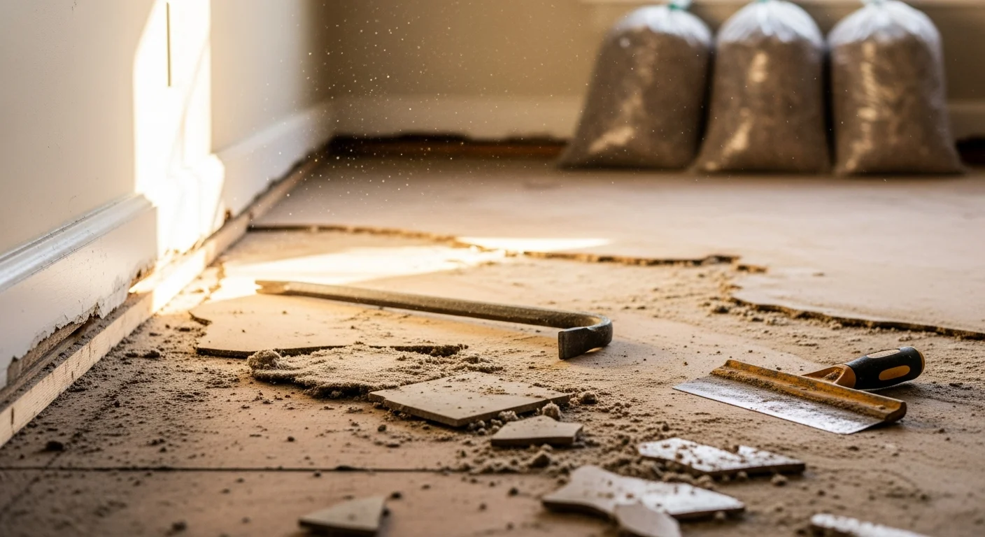 A Seattle residential room with old carpet and adhesive-backed tile fully stripped to bare subfloor. Atlas Contracting LLC flooring removal crew working in a wood-framed home typical of the Seattle area.