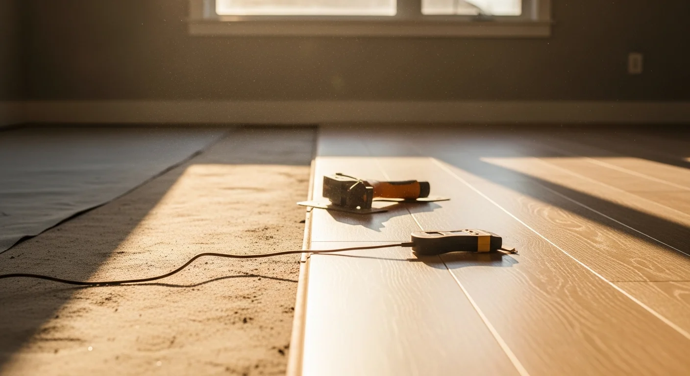 Freshly installed hardwood flooring in a Seattle residential living room, showing tight plank alignment and a clean natural wood finish. The room features large windows typical of Pacific Northwest craftsman-style homes.
