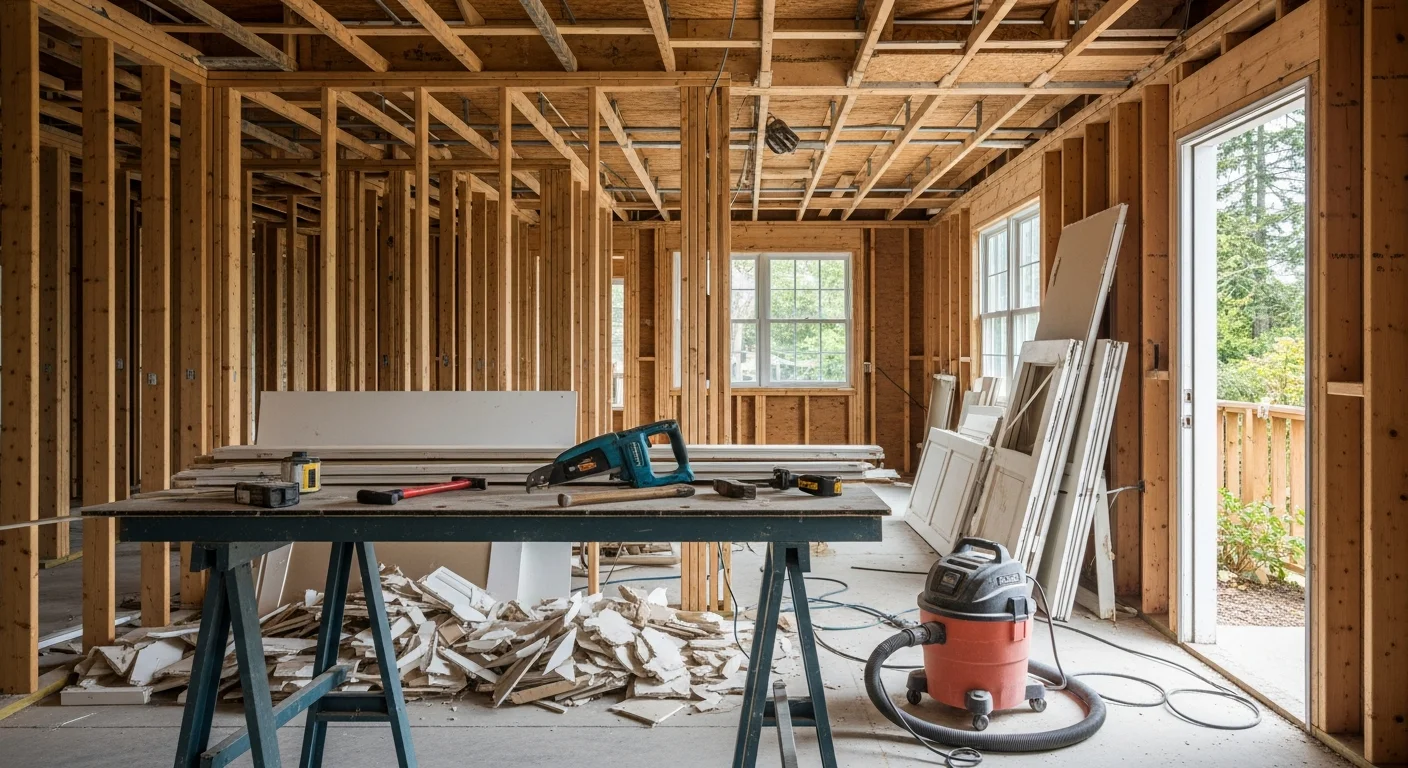 Interior demolition in progress inside a Seattle residential property, with non-structural walls removed down to the wood framing and debris staged for removal. The structural columns and ceiling joists remain intact, showing a clean selective demo scope.