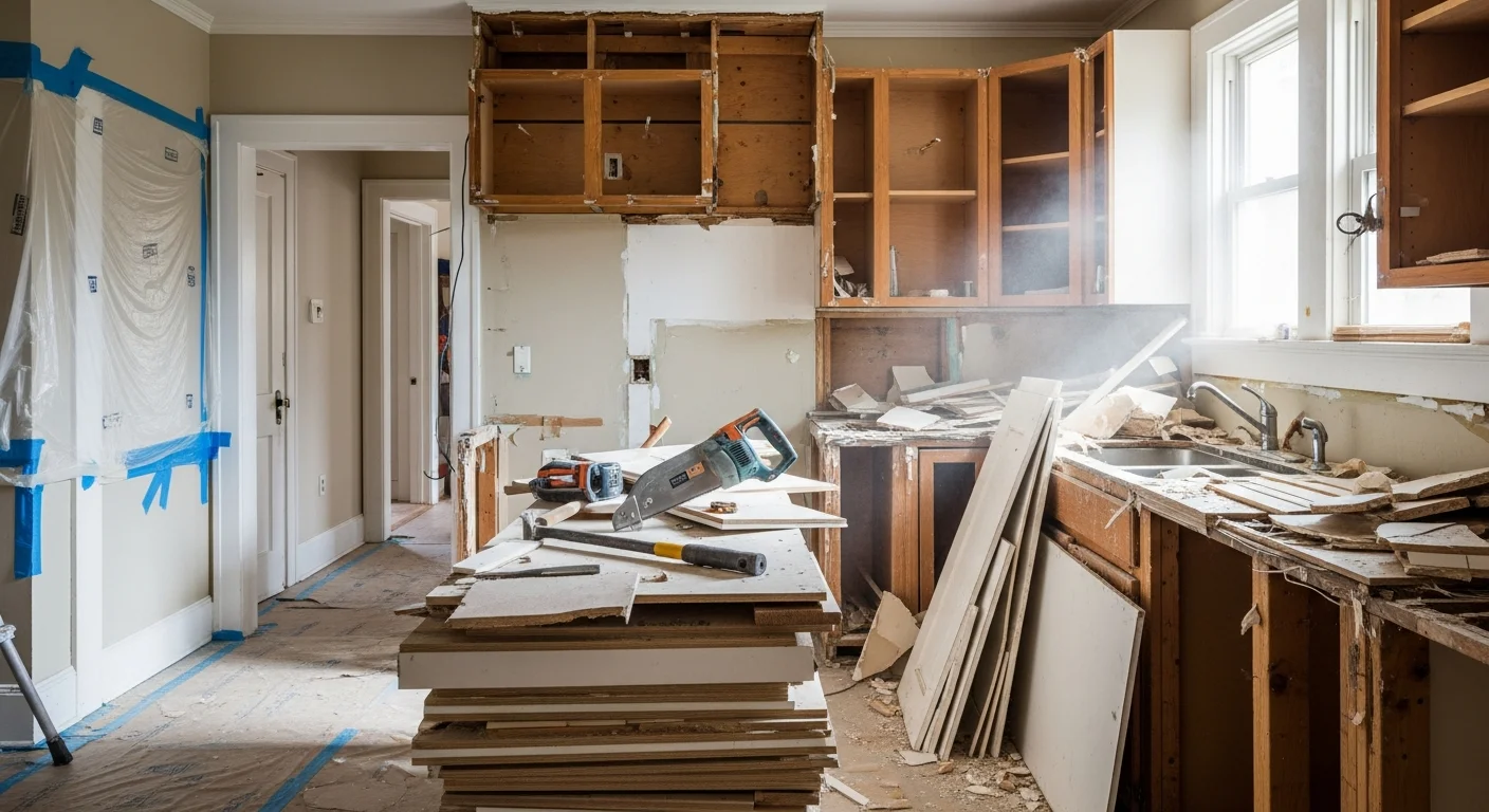 A Seattle kitchen stripped down to bare walls and subfloor after full demolition, with cabinets, countertops, and flooring removed. The workspace is cleared and ready for a remodel crew to begin construction.