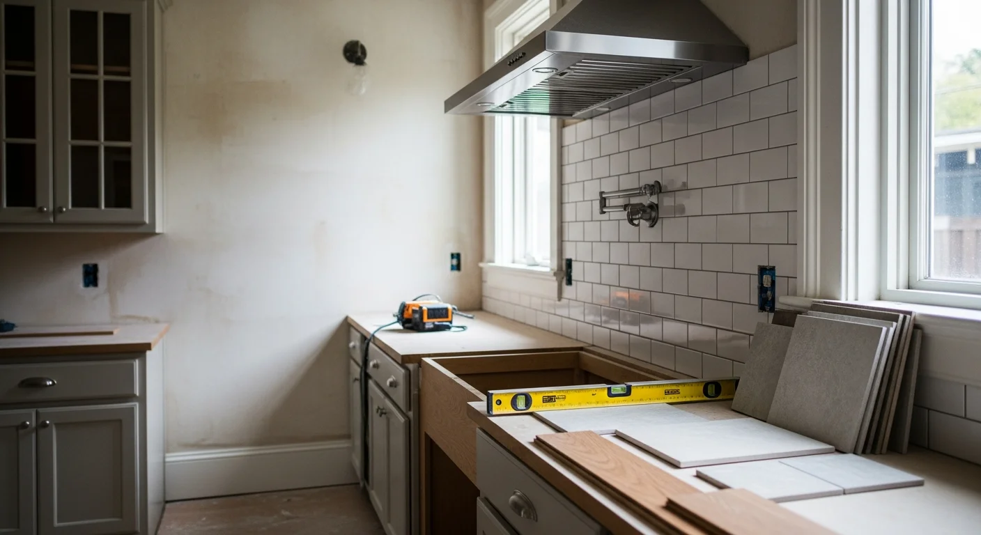 Remodeled kitchen in a Seattle single-family home showing new cabinetry, updated countertops, and recessed lighting. The space reflects a layout update typical of older Pacific Northwest housing stock renovated by Atlas Contracting LLC.