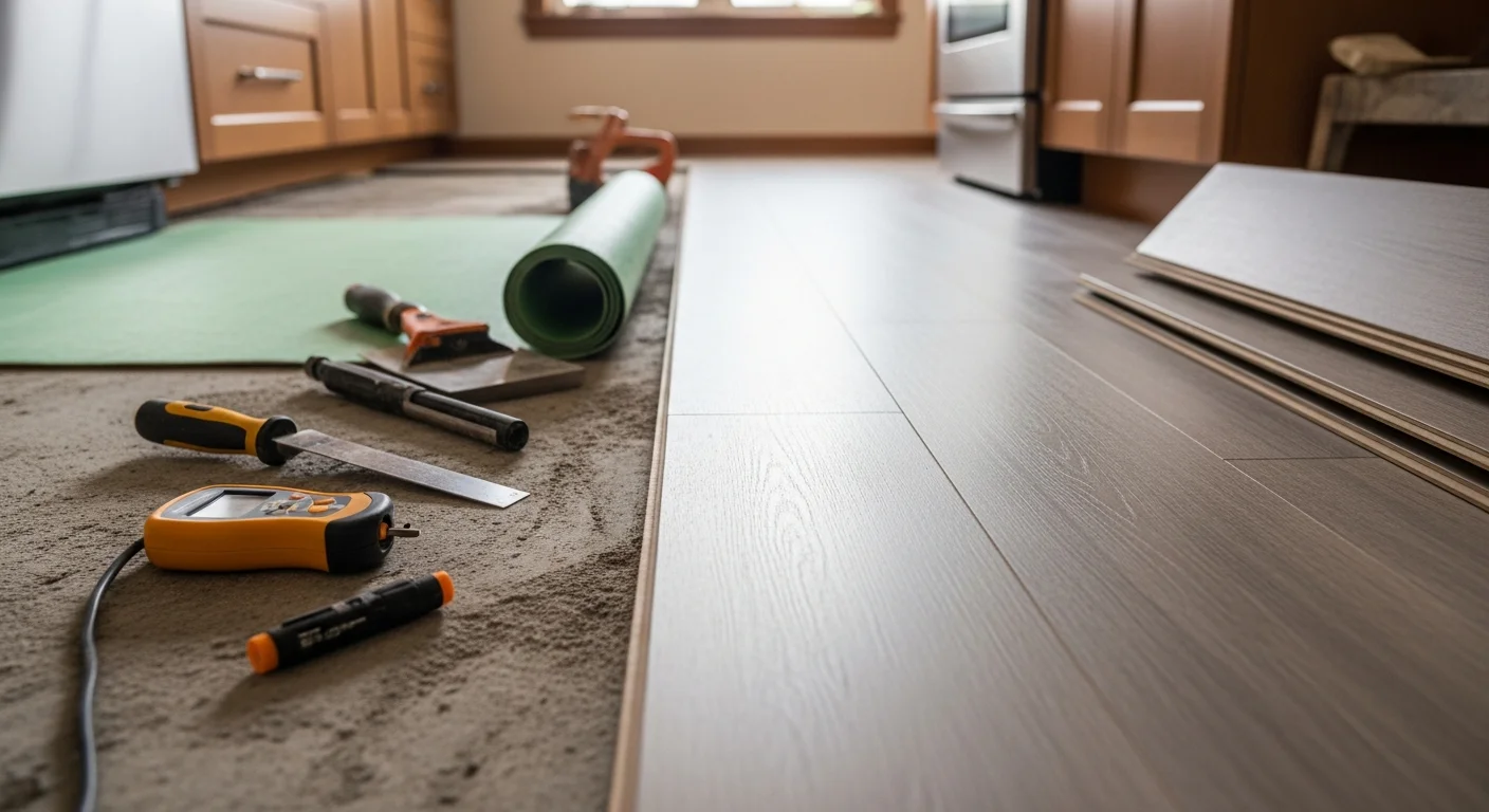 Freshly installed luxury vinyl plank flooring in a Seattle home kitchen, showing a wood-look finish with clean plank seams and a level surface. The room reflects a Pacific Northwest Craftsman interior with natural light from a window.