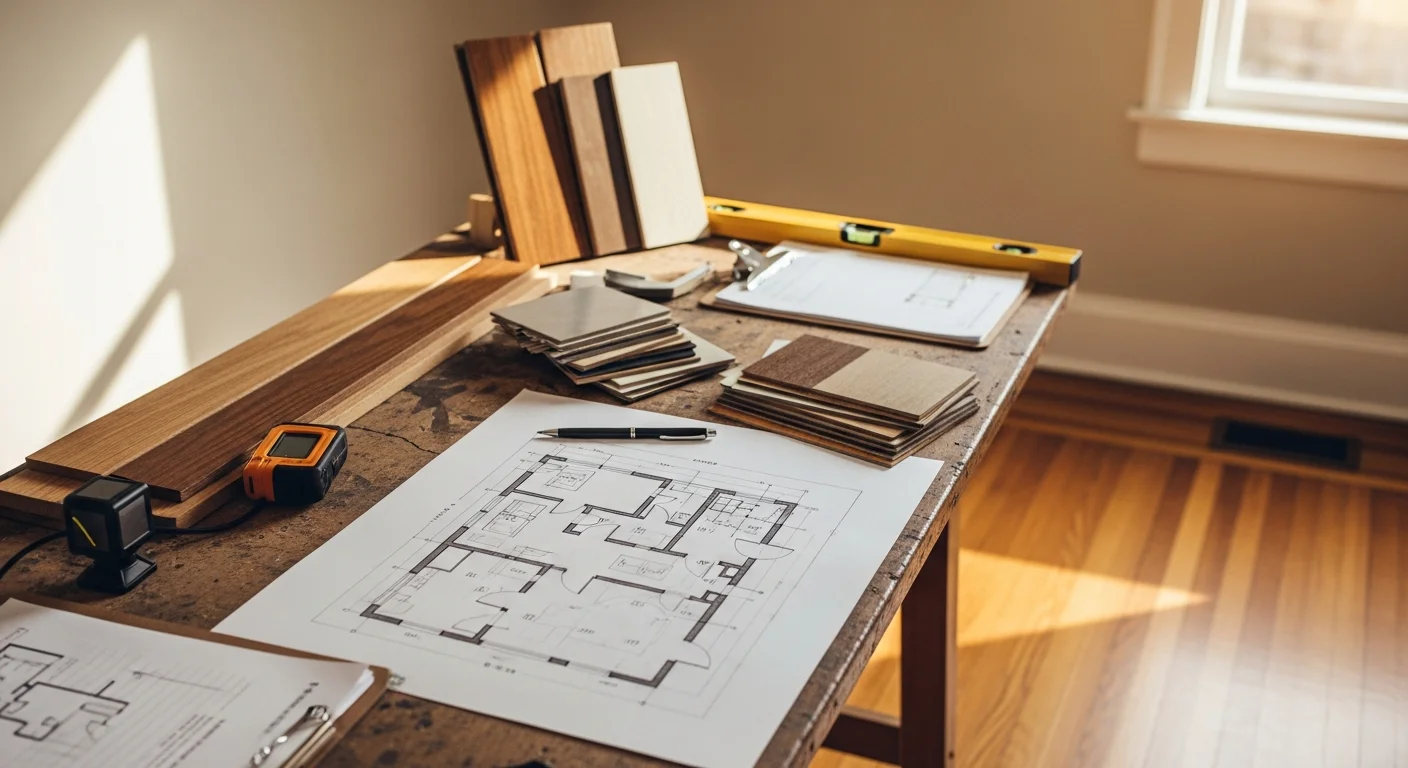 A Seattle homeowner and a contractor reviewing remodeling plans inside an older single-family home. The contractor points to structural details near a kitchen wall during an on-site consultation.