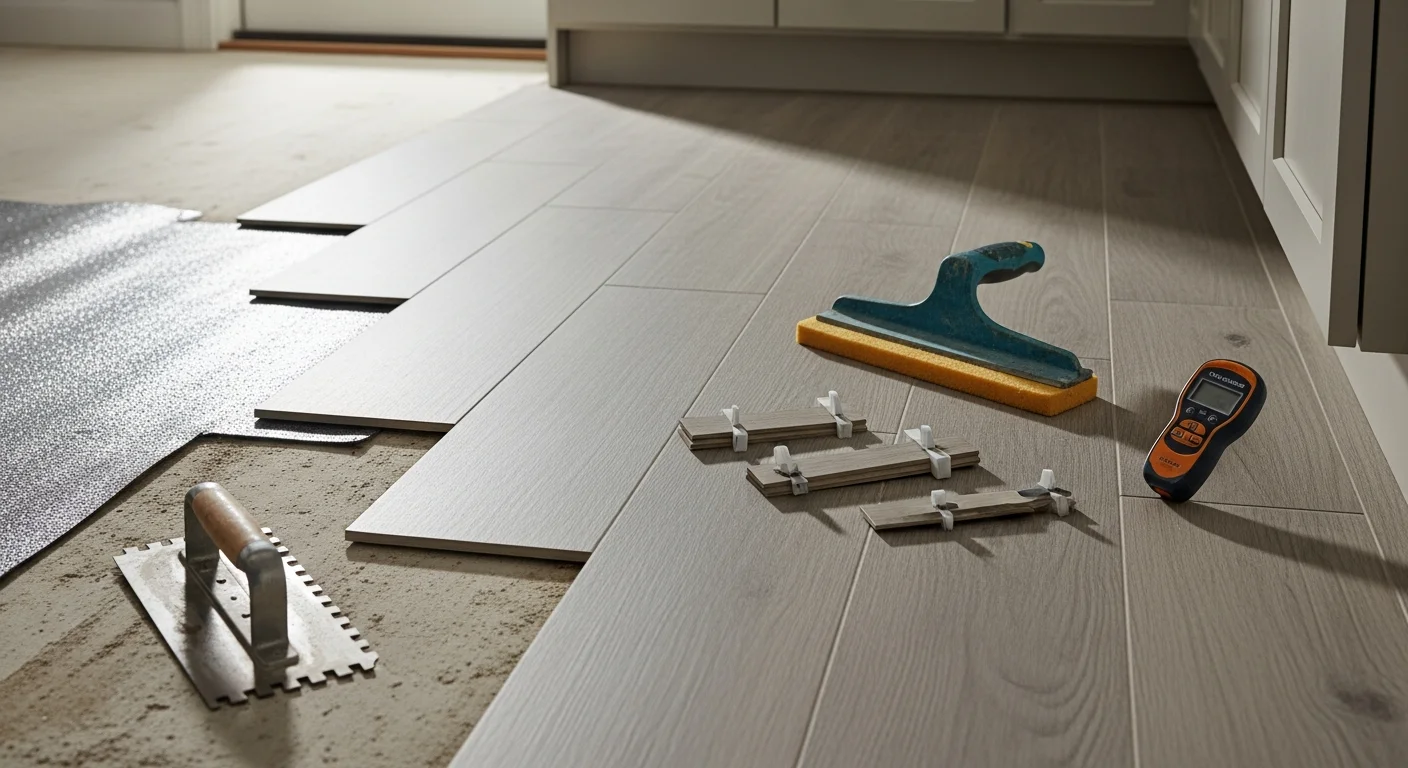 Freshly installed vinyl tile flooring in a Seattle home kitchen, showing clean grout lines, a level surface, and a finished transition strip at the doorway. The room features natural light and a neutral tile pattern suited to Pacific Northwest residential interiors.
